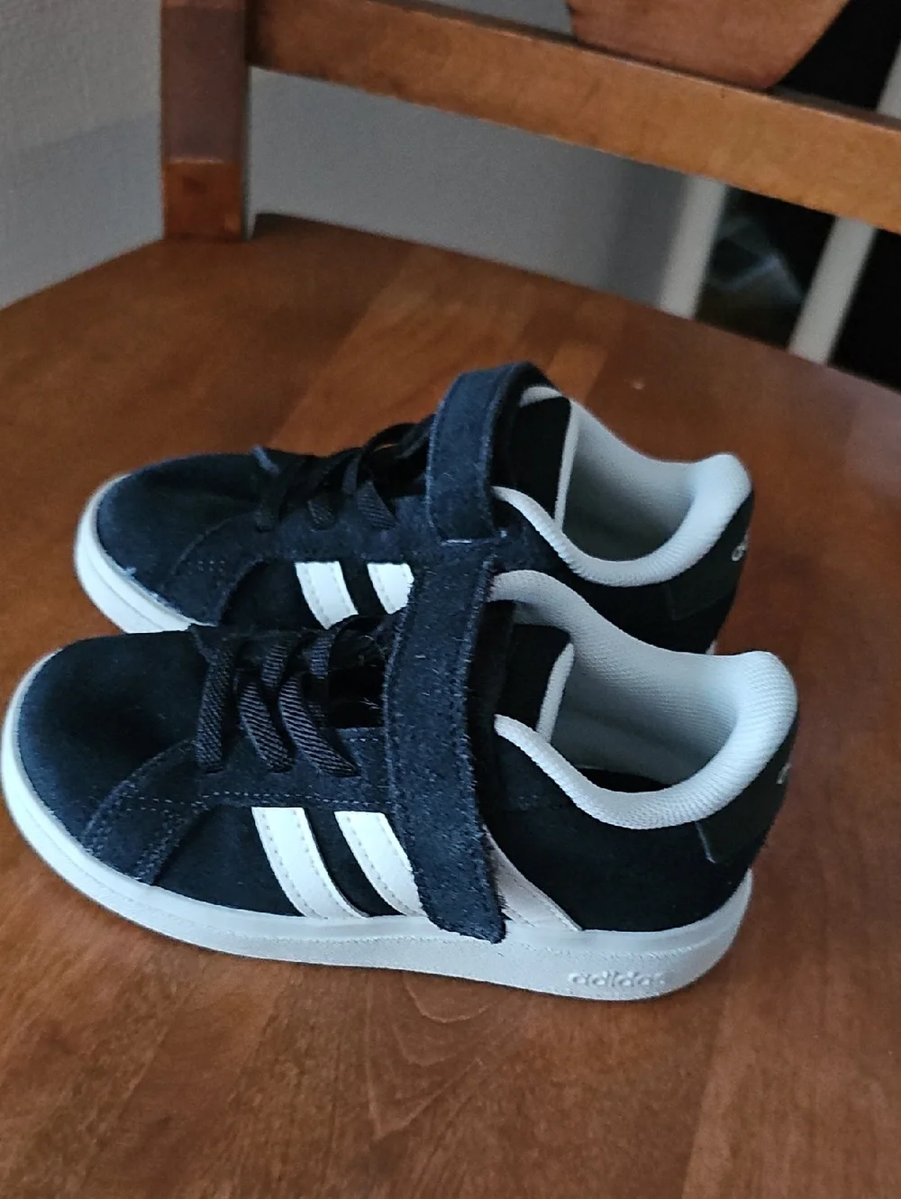 adidas Kids Black Suede Sneakers with White Stripes